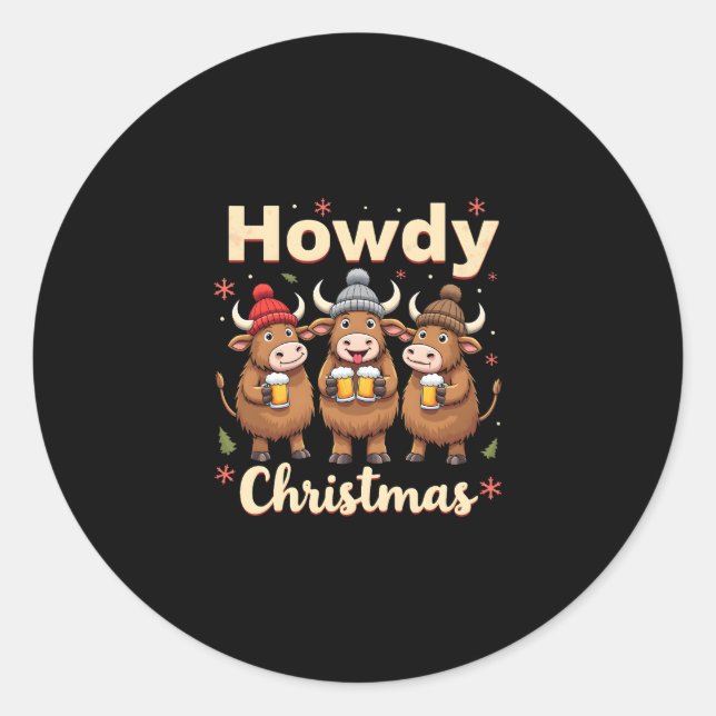 Howdy Christmas Funny Highland Cow Xmas Cows Lover Runder Aufkleber (Vorderseite)