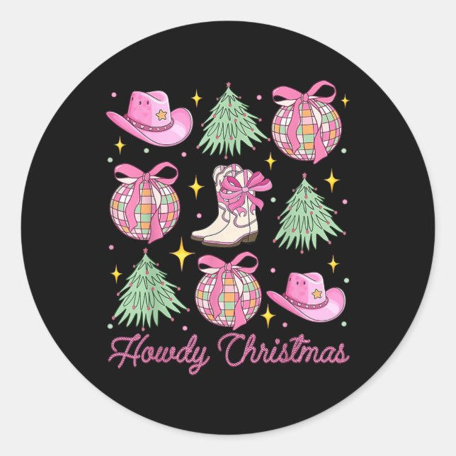 Howdy Christmas Pink Coquette Bow Xmas Tree Wester Runder Aufkleber (Vorderseite)