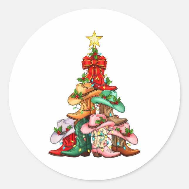 Howdy Christmas Tree Western Cowgirl Boots Xmas Li Runder Aufkleber (Vorderseite)
