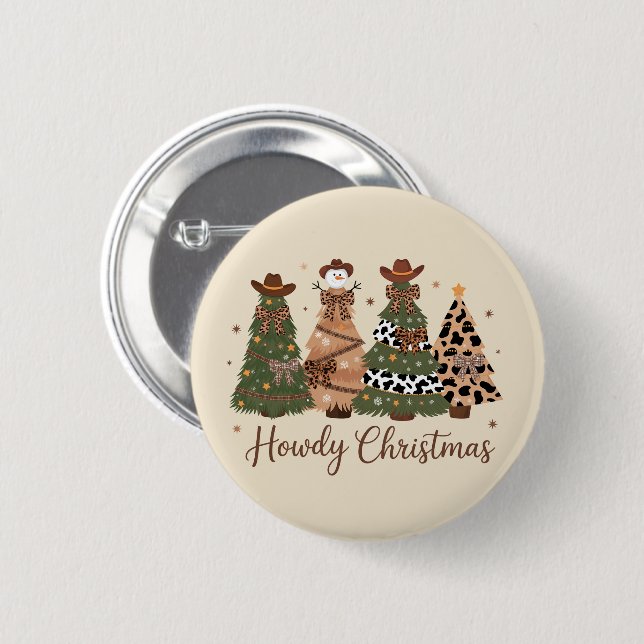 Howdy Christmas Western Retro Tree Cowboy Cowgirl Button (Vorne & Hinten)