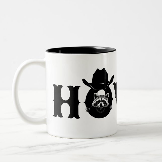 Howdy Cowboy Raccoon Western Funny Welcome Zweifarbige Tasse (Links)