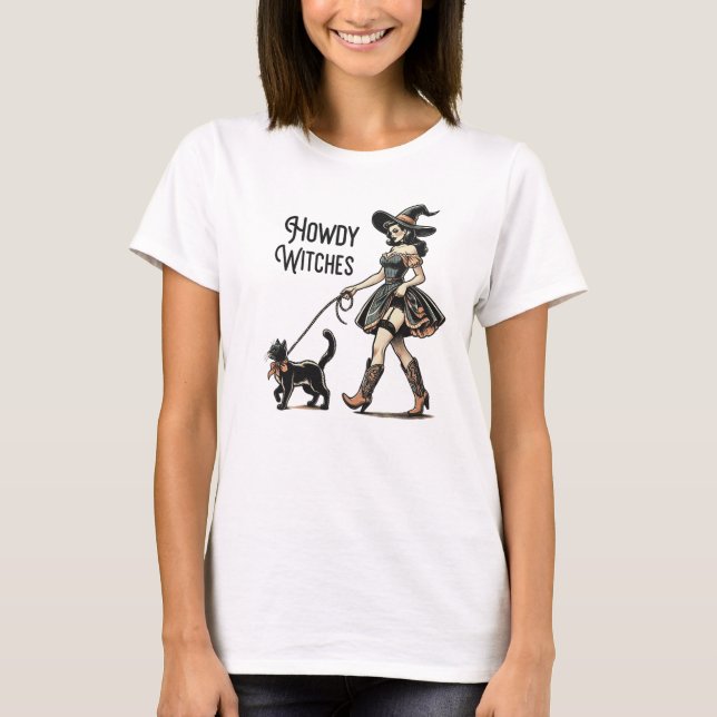 Howdy Hexen Cat Halloween Funny Retro T-Shirt (Vorderseite)