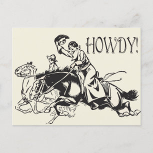 Howdy mit Vintage-Zeichnung von Cowgirls auf Pferd Postkarte