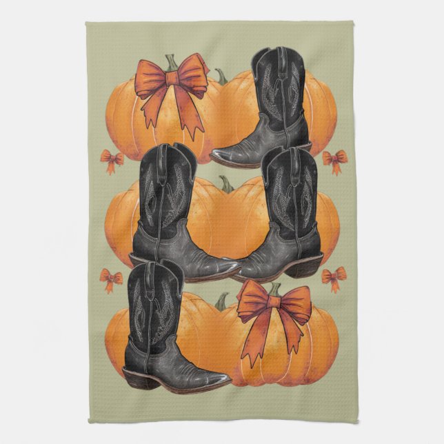 Howdy Pumpkin Western Fall Coquette Bow Cowgirl Geschirrtuch (Vertikal)
