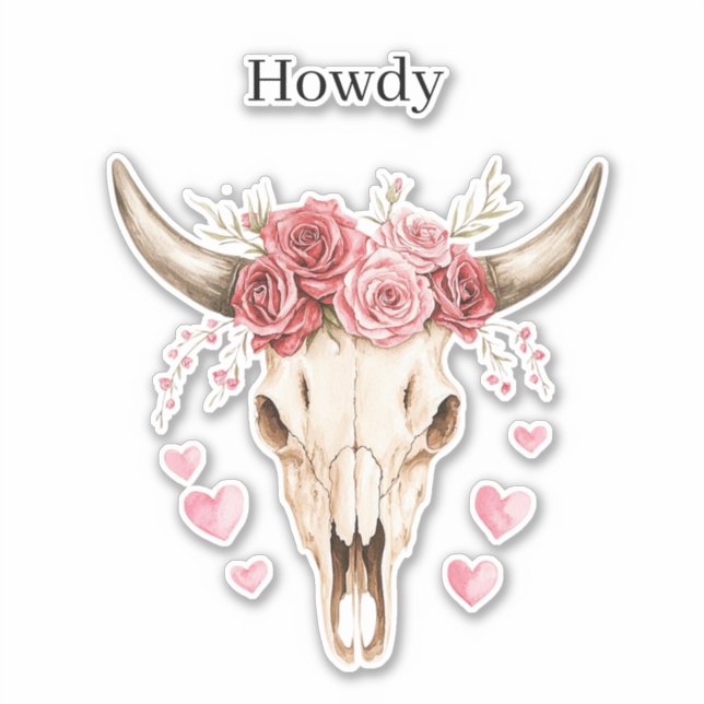 Howdy Skull Pink Roses Hearts Aufkleber (Vorderseite)
