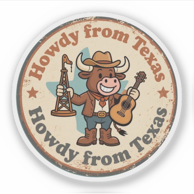 Howdy von Texas_ Retro Longhorn Western Artwork Aufkleber (Vorderseite)