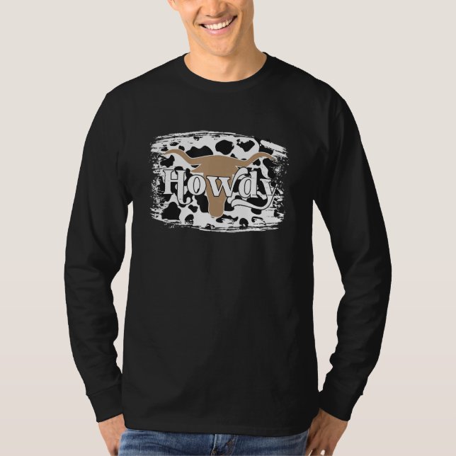 Howdy Western Cowhide Leopard Bull Skull Texas Kuh T-Shirt (Vorderseite)
