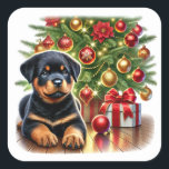 Howl-iday Cheer, Puppy Style! Quadratischer Aufkleber<br><div class="desc">Treffen Sie den niedlichen Weihnachtsbegleiter aller Zeiten! Dieser fröhliche Rottweiler-Welpe,  gekleidet in einer festlichen Weihnachtsmannmütze,  hält einen Bonbonstock mit reiner Freude. Sein verspieltes Lächeln und die großen,  glänzenden Augen werden bestimmt das Herz schmelzen und zu jeder Feier Giggles bringen. Ideal für Kinder,  die Hunde Liebe,  Weihnachten und viel Feiertagssjubeln!</div>