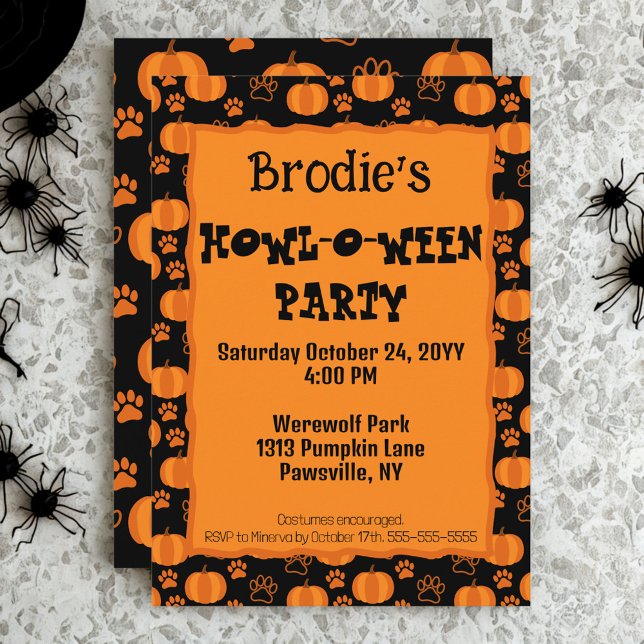 Howl-O-Ween Dog Party Halloween Invitation Einladung (Plan a Howl-O-Ween party for your pup with this cute pumpkins and paws dog Halloween party invite)