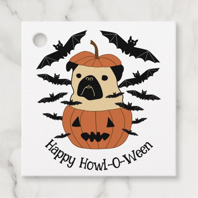 Howl-O-Ween-Mops in einem Jack-O-Lantern mit Flede Geschenkanhänger (Vorderseite)