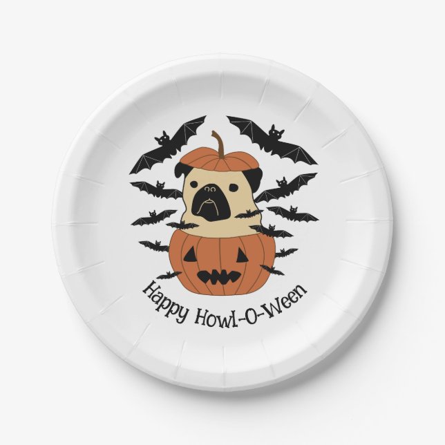 Howl-O-Ween-Mops in einem Jack-O-Lantern mit Flede Pappteller (Vorderseite)