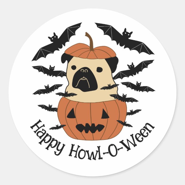 Howl-O-Ween-Mops in einem Jack-O-Lantern mit Flede Runder Aufkleber (Vorderseite)