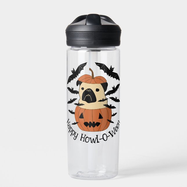 Howl-O-Ween-Mops in einem Jack-O-Lantern mit Flede Trinkflasche (Vorderseite)