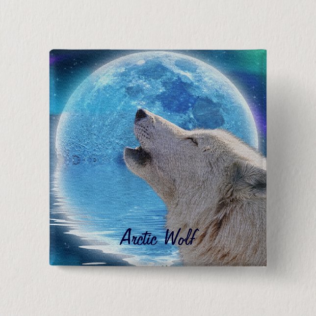 Howling Arctic Wolf & Moon Wildlife Abzeichen Button (Vorderseite)