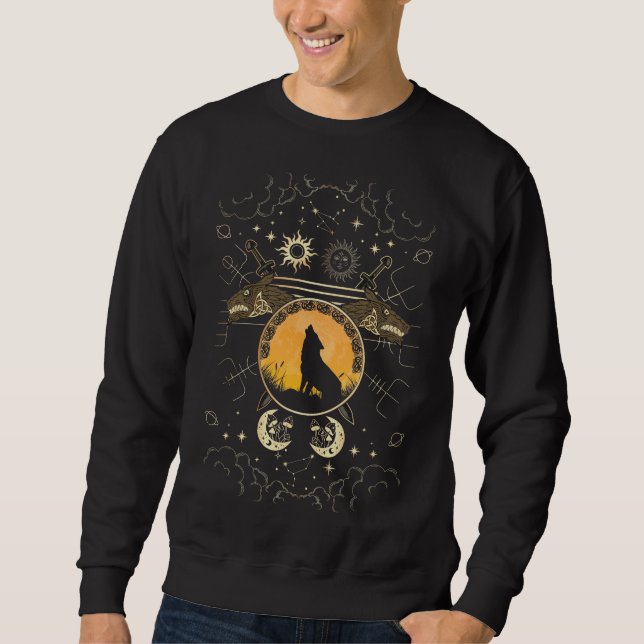 Howling Celtic Wolf Mythology Schwerter Sweatshirt (Vorderseite)