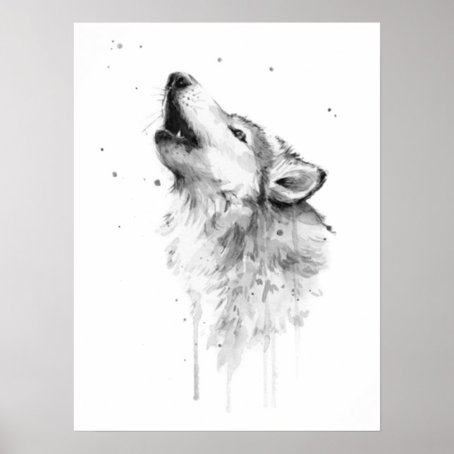 Howling Grauer Wolf im Aquarellmalstil Poster (Vorne)