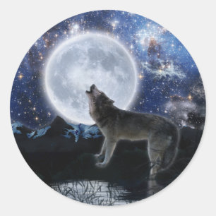 Howling Gray Wolf & Moon Runder Aufkleber