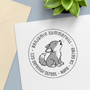 Howling Grey Wolf Pup Round Address Permastempel