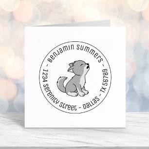 Howling Grey Wolf Pup Round Address Permastempel