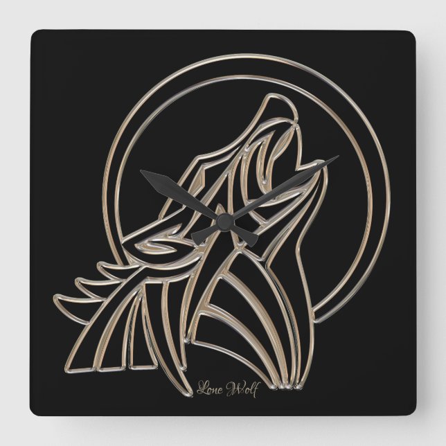 Howling Lone Wolf Elegant Black Silver Gray Quadratische Wanduhr (Vorderseite)