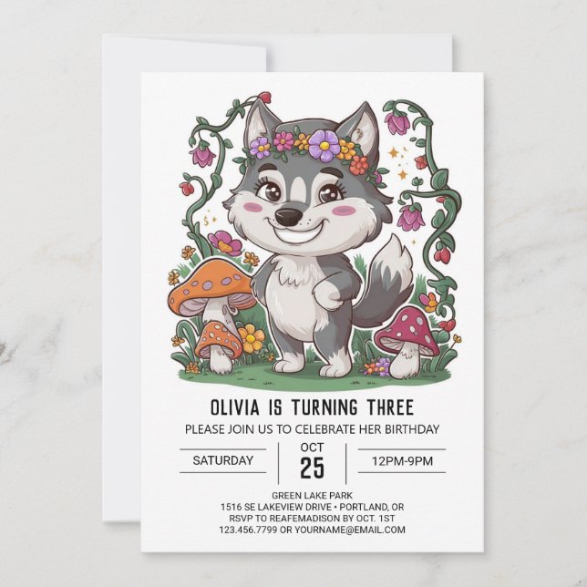 Howling Whimsical Digital Wolf Geburtstag Einladung (Vorderseite)