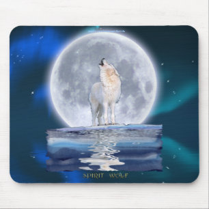 Howling White Wolf & Moon Wildlife Fantasy Mousepad