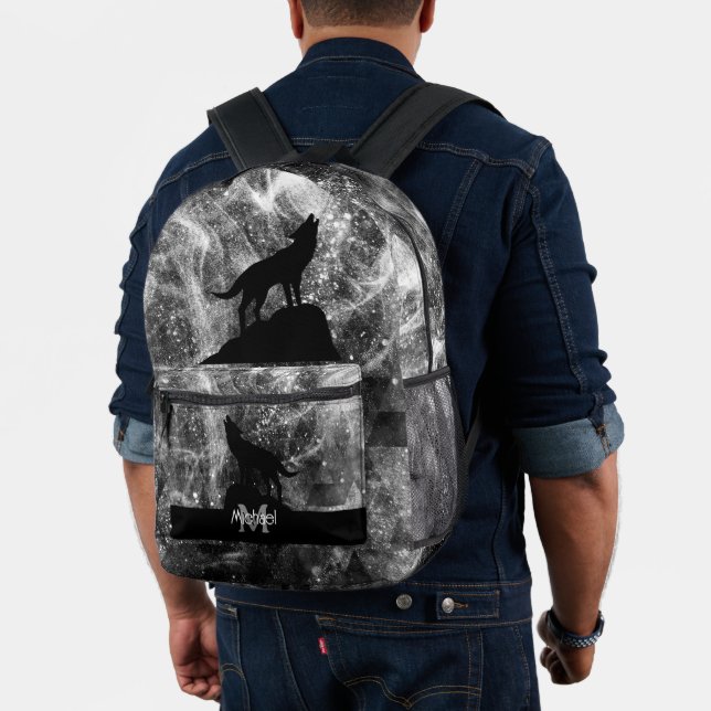 Howling Wolf abstrakt Schwarz-Weiß-Monogramm Bedruckter Rucksack (Insitu (Modell))