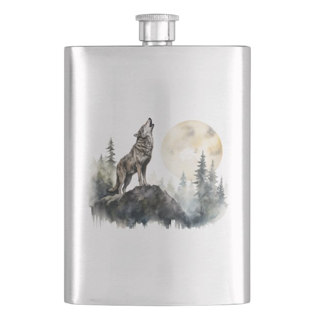 Howling Wolf Art auf Stahlflache Flachmann (Vorderseite)