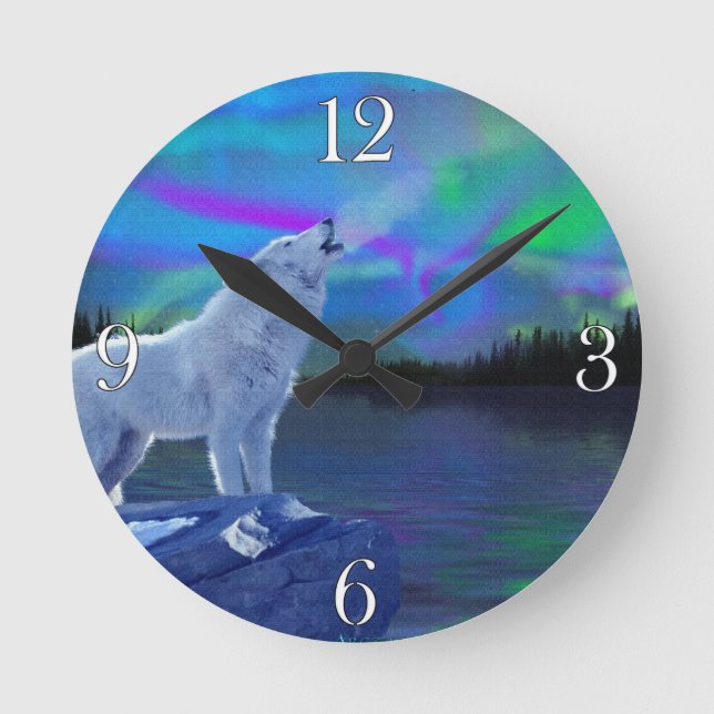 Howling Wolf & Aurora Naturerlebnis Schlemmerparad Runde Wanduhr (Vorderseite)