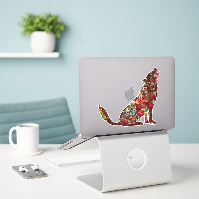 Howling Wolf Hund Rose Blumenmuster Schnitt aus Aufkleber (Laptop auf Schreibtisch)
