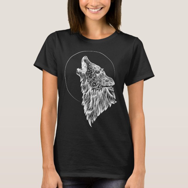 Howling Wolf Moon Mandala Occult Wolf T-Shirt (Vorderseite)