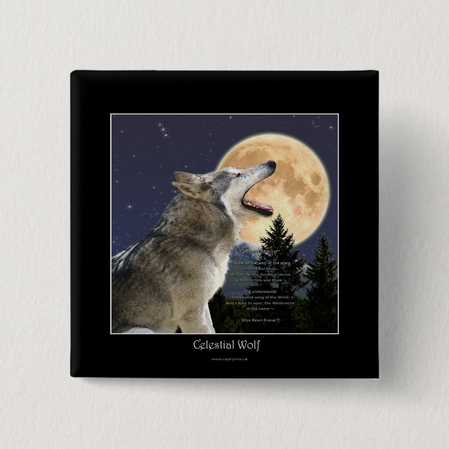 Howling Wolf & Moon Wildlife Art Button (Vorderseite)