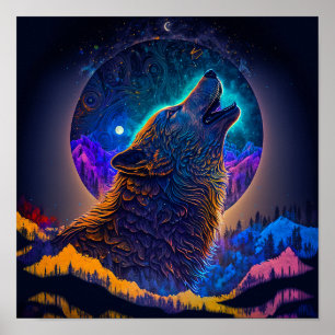 Howling Wolf Surreal Fantasy Poster