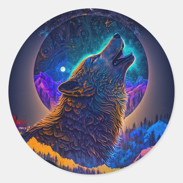Howling Wolf Surreal Fantasy Runder Aufkleber (Vorderseite)