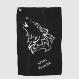 Howling Wolf Tribal Black und Silver Monogram Golfhandtuch