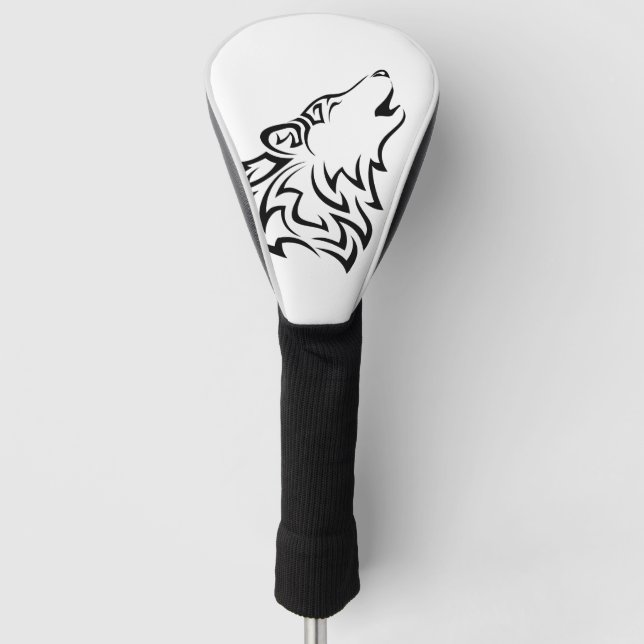 Howling Wolf Tribal | Schwarz und Weiß Golf Headcover (Vorderseite)