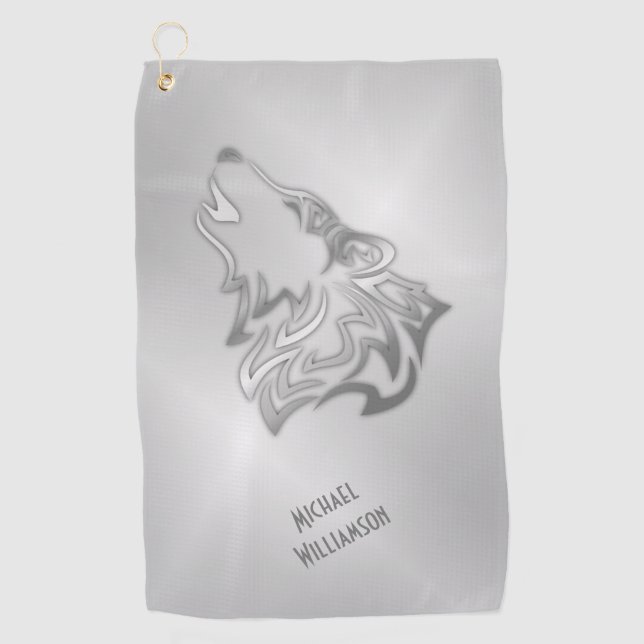Howling Wolf Tribal Silver Monogram Golfhandtuch (Vorderseite)