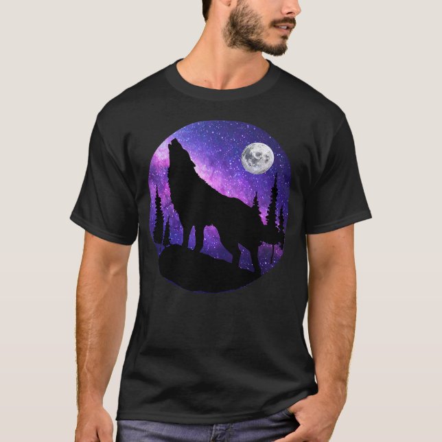 Howling Wolf Under The Full Moon With Purple Galax T-Shirt (Vorderseite)