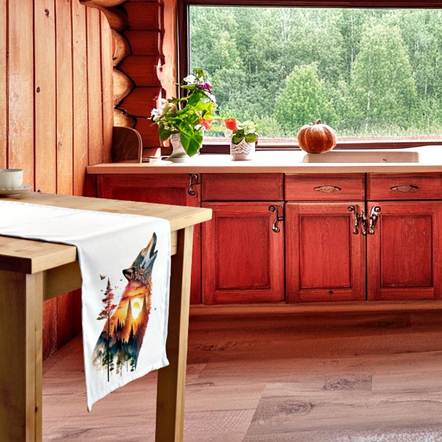 Howling Wolf verdoppeln Sonnenuntergang Kurzer Tischläufer (Von Creator hochgeladen)