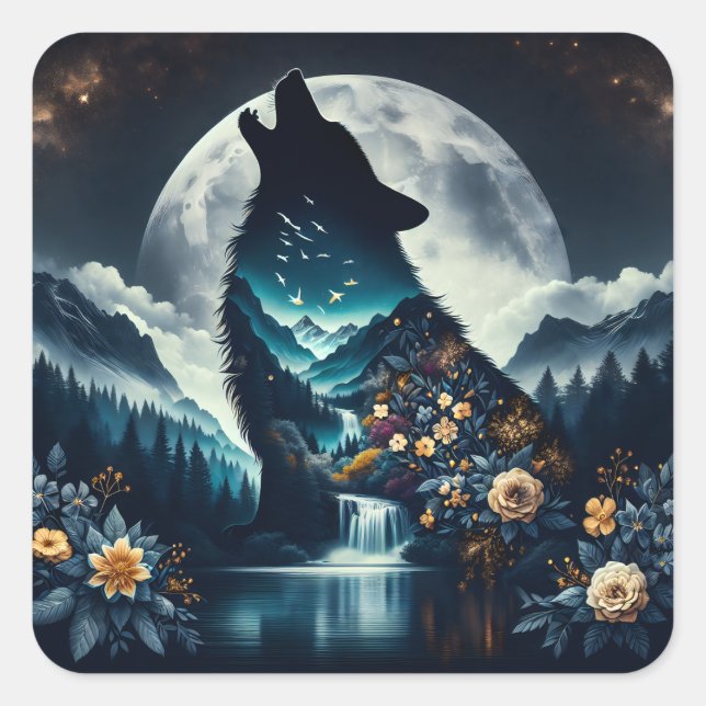 Howling Wolf | Vollmond Ai Art Quadratischer Aufkleber (Vorderseite)