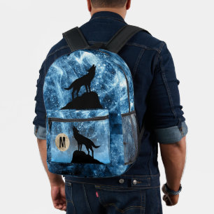 Howling Wolf Vollmond blau schwarz Custom Monogram Bedruckter Rucksack