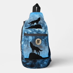 Howling Wolf Vollmond blau schwarz Custom Monogram Crossbody Bag