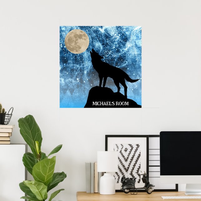 Howling Wolf Vollmond blauer schwarzer Individuell Poster (Heimbüro)