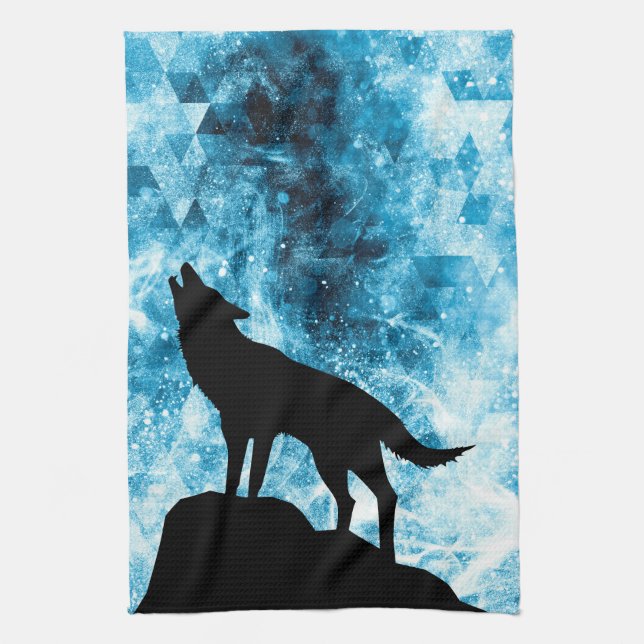 Howling Wolf Winter schneeblauer Rauch Abstrakt Geschirrtuch (Vertikal)