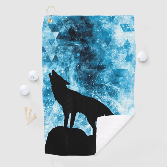 Howling Wolf Winter schneeblauer Rauch Abstrakt Golfhandtuch (Insitu)
