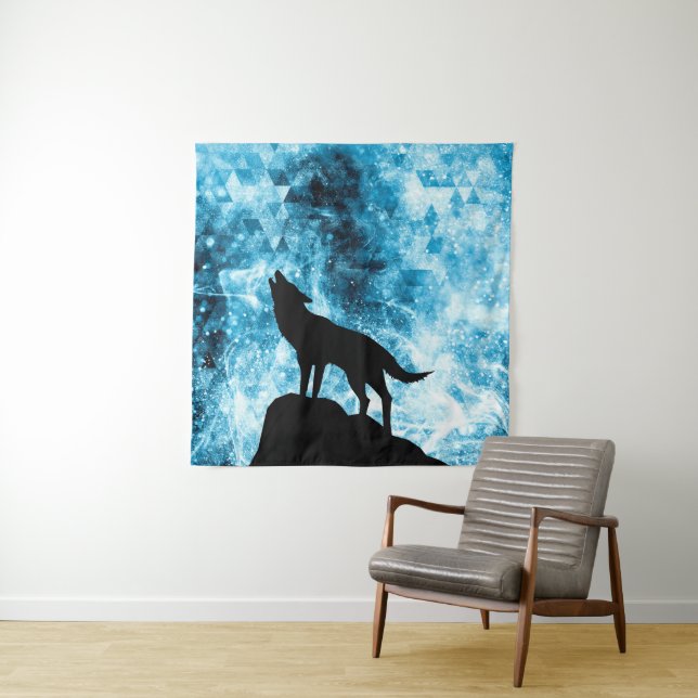 Howling Wolf Winter schneeblauer Rauch Abstrakt Wandteppich (Beispiel)