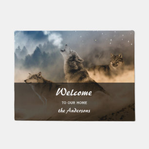 Howling Wolves Foto Familienname Willkommen Fußmatte