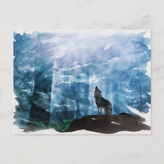 Howling zum Mond Wolf in der Nacht Wasserfarbe Postkarte (Vorderseite)