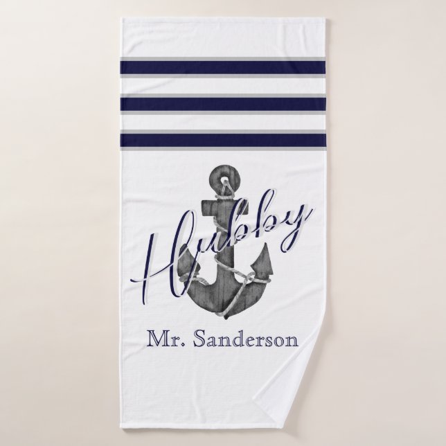 Hubby Nautical White and Navy Blue Anchor Beach Badehandtuch (Badehandtuch)