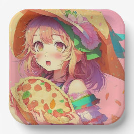 Hübsch Anime Girl Holding a Pizza Pappteller
